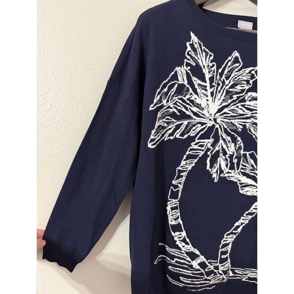 Chicos Navy Blue Palm Tree Long Sleeve Knit Sweater Tunic Women's XL - Picture 2 of 6
